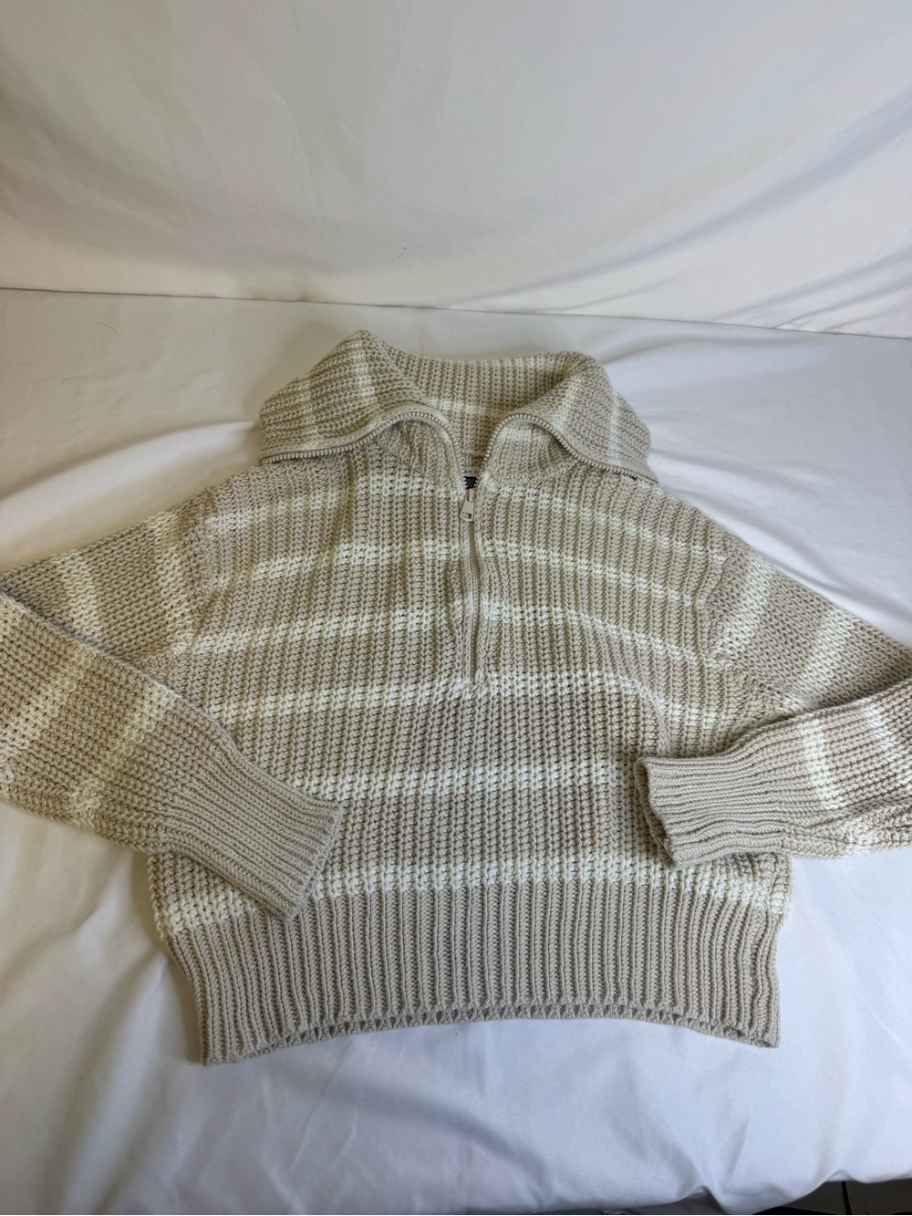 American Eagle Outfitters Beige and Cream Striped Half-Zip Sweater